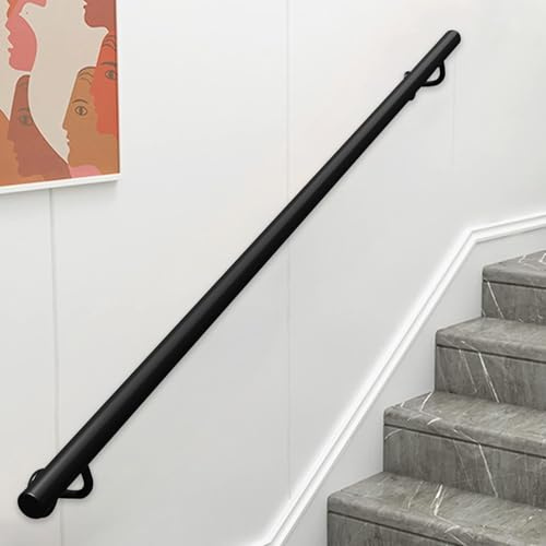 Lonmrrton Black Round Staircase Banister Handrail for Indoor and Outdoor Grab Rail, Metal Wrought lron Stair Railing Safety Hand Rails, Wall Mounted Hand Railing for Home Villa Loft(5ft/150cm)