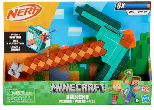 Nerf Minecraft Diamantspitzhacke Dart-Blaster, Ziehgriff, Schaumstoffkopf, 8 Nerf Elite Darts, ab 8 Jahren