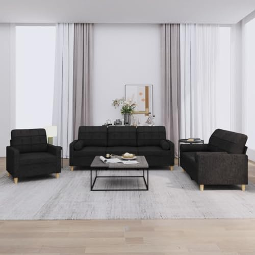 LoogCape 3-TLG. Sofagarnitur, Schwarz Stoff, mit Kissen, robustem Gestell, für Wohnzimmer, bequemes Sitzerlebnis, modernes Design, 1 Sessel, 1 Zweisitzer, 1 Dreisitzer