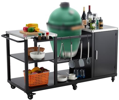 Garvee Chariot De Barbecue Extérieurérieur pour Grand Oeuf Vert – Table De Préparation en Métal Robuste, Plateau INOX – Rangement, Crochets, Support Sac, 6 roulettes – pour Accessoires BBQ