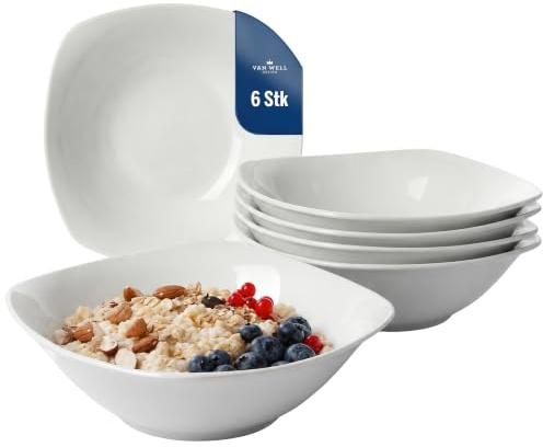 Van Well Lilli 6-er Set Müslischalen Porzellan Weiß 200ml, 142 x 142 mm – Teller mit klassischem, Design für Müsli, Salate oder Bowls - quadratische Form – für Restaurants, Hotels oder zu Hause