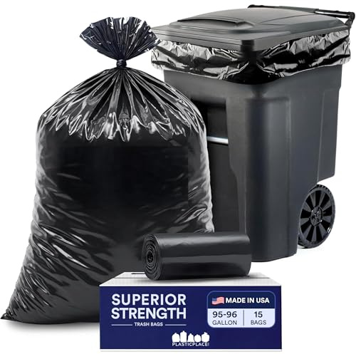 Plasticplace W95LDB12RLJR 95-96 Gallon Bags Heavy Duty Trash Can Liners, Plastic, Black