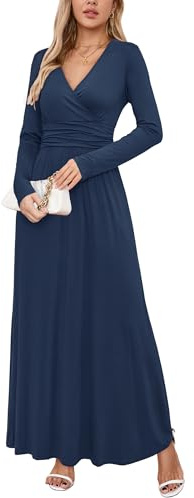 OUGES Damen Kleid Langarm V-Ausschnitt Winterkleid Casual Boho Kleider Maxikleid mit Taschen Herbstkleid(Navy blau, XXL)