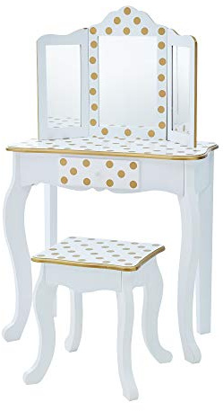 Teamson Kids Princess Gisele Polka Dot Print 2-Piece Kids Wooden Play Vanity Set with Vanity Table, Tri-Fold Mirror, Storage Drawer, and Matching Stool, White with Gold Polka Dot Accent