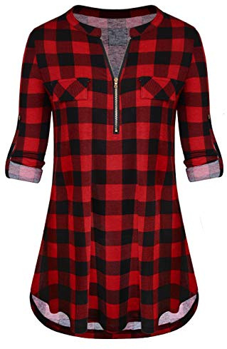 Odosalii Chemisier Femme Carreaux Demi Manches Blouse T-Shirt Casual Top Éclair Col V Chemise