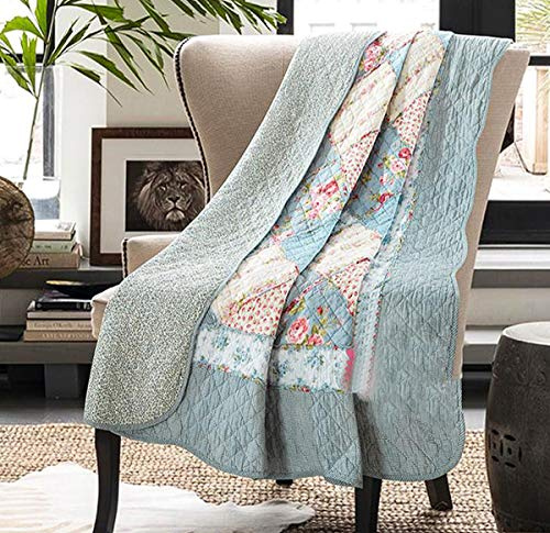 Cozyholy Original 100% Cotton Quilt Queen Size Blue Floral Patchwork Quilted Throw Blanket, Reversible Bedspread Coverlet Vintage Shabby Chic Bedding Quilt for Bed Couch Sofa