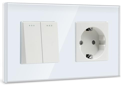 BSEED Lichtschalter Mit Steckdose 2 Fach 1 Weg - 10A Kristall Glas Platte Wandschalter Mit 16A Schuko Steckdose Weiß - Physische Unterputz Wandschalter 157mm