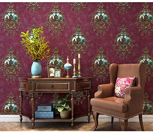 JLWM Papier Peint Non Tissé Vintage Américain Luxueux Baroque 3D Pour La Télé Salon Chambre Un Hôtel Restaurant Le Magasin-rouge-0.53x10m