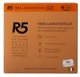 R5, Eco Tabs Lavastoviglie, 30 Pastiglie Lavastoviglie, con Tensioattivi di Origine Vegetale, Certificate Ecolabel, Climate Partner e Plastic Negative, Made in Italy