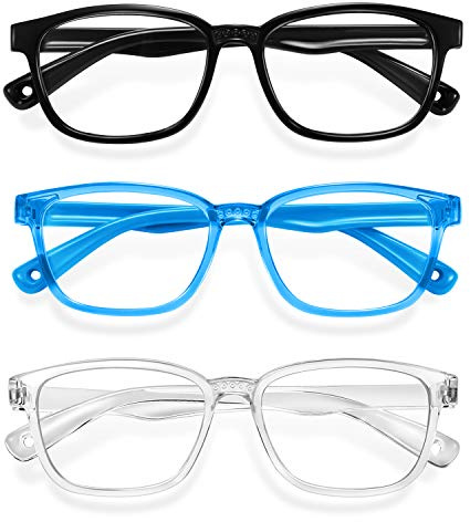 Okany Blue Light Glasses for Kids 3 Pack Anti Glare & Eye Strain Glasses Computer TV Phone Tablets UV Protection Glasses for Kids Boys Girls Age 3-12(Black + Transparent blue + Transparent)