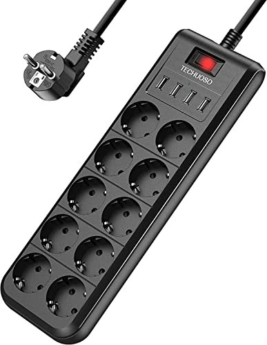 Techuoso 10-Fach (16A/4000W) Steckdosenleiste mit 4 USB Ports (3.1A/15.5W) Mehrfachsteckdose Steckdosenleiste mit Überstromschutz Wandmontage mit Kabel 2m