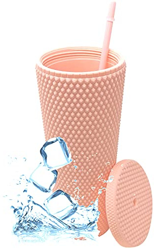 Nadia's Little Treasures dubbat tumbler sugrörslock - plast dubbelväggig kall kopp för iskaffe, vatten, slask eller smoothies, din hemmabiomugg (matt korall 700 ml)