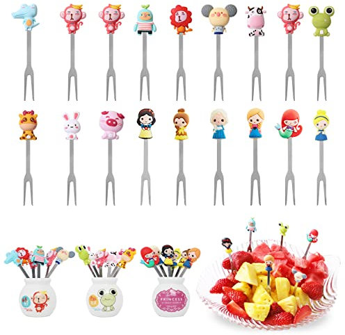 Obstgabeln Kinder Edelstahl, 18 Stück Niedliche Tiere Mini Cartoon Bento Wiederverwendbar, Obstspieße für Kinder Brotdosen Picker Mit Silikongriffen und Keramik-Vorratsdosen