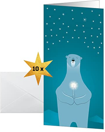 Sigel Weihnachtskarten Eisbär mit Kerze DIN lang 10 Stück | DS076, Mit Umschlägen aus nachhaltigem Papier zum individuellen Bedrucken