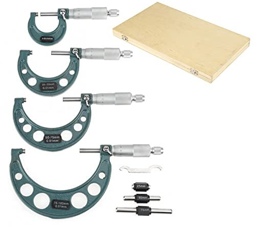 Micromètres Extérieurs Walfront 4 Pièces Différentes Tailles avec Accessoires 0-100mm 0.01mm Extérieur Micromètre Métrique épaisseur Longueur Diamètre Jauge étriers de Mesure avec étui en Bois