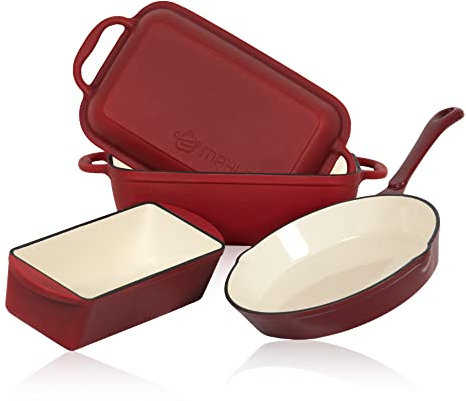 Mahlzeit Juego de Utensilios de Cocina de Hierro Fundido Esmaltado Dark Cherry | 3 Piezas | Ø 24 cm, 1,6 Litros, 4,8 Litros | Cazuela, Sartén y Asador con Tapa | Ollas de Cocina Esmaltadas