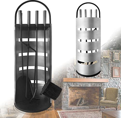 VA-Cerulean Set di posate per camino, in argento, con manico in acciaio inox, 5 pezzi, con protezione per la privacy, pala, scopa, pinza, gancio per la pulizia del camino