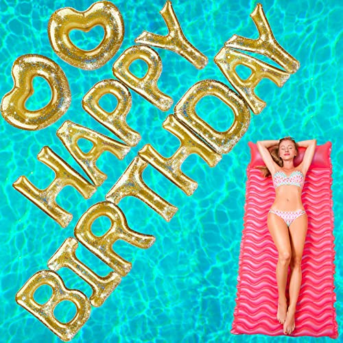 15 Pcs Happy Birthday Pool Float Inflatable Letter Heart Pool Party Float Combo Large 20'' Letter Balloons Float Decoration Water Swimming Pool Beach Toys with 40 Pcs Adhesive Dots for Party (Gold)