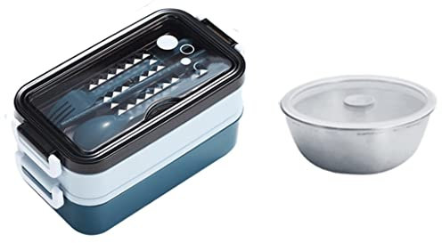 Fiambrera de Acero Inoxidable 304, Caja Bento para Trabajadores de Oficina Escolar, contenedor de Almuerzo con calefacción para microondas de 2 Capas (Azul 22 * 13 * 11,8 cm)