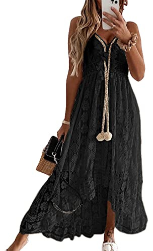 Cupshe, Abito da donna bohémien in pizzo, svasato, con scollo a V, balze e nappe, adatto per la spiaggia, nero, S
