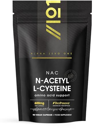 N-Acetyl L-Cysteine 600mg with BioPerine® – 90 Vegan Capsules – Vegan Fermented Amino Acid – Resealable and Recyclable Pouch by Alpha01