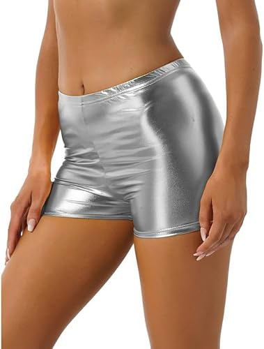 P&R DANCEWEAR LTD Glänzende Metallic-Shorts für Mädchen, Hotpants, einfarbig, dehnbar, perfekt für Party, Tanz, Nachtclub, Wettbewerbe, Cheerleading, Geburtstage, Weihnachten, Feiertage, silber, S/M