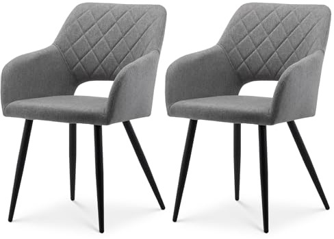 TUKAILAI Esszimmerstühle 2er Set aus Leinen, Küchenstuhl Polsterstuhl mit Offener Rückenlehne,Armlehnen,Gepolstertem Sitz, Metallbeinen, Stühle für Wohnzimmer,Esszimmer,Küche (Hellgrau)