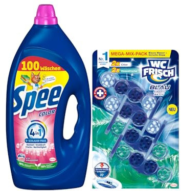 Spee Aktiv Gel Color 4 + 1 Waschmittel (100 Waschladungen), Flüssigwaschmittel mit 4 + 1 Formel & WC FRISCH Kraft Aktiv Blauspüler Mix Chlor + Ozeanfrische (1x 200g), WC Reiniger, 1er Pack