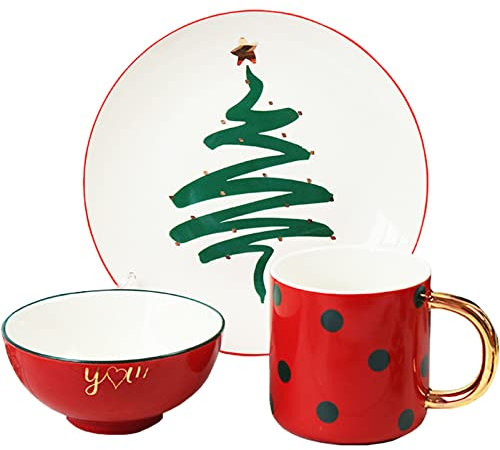 PJKUIFYX Weihnachtsgeschirr-Set, 3-teiliges Porzellan-Geschirrset, Geschirrset für 1, Weihnachtsgeschirr mit Salattellern, Tassen und Schüsseln (Rot) (Grün)