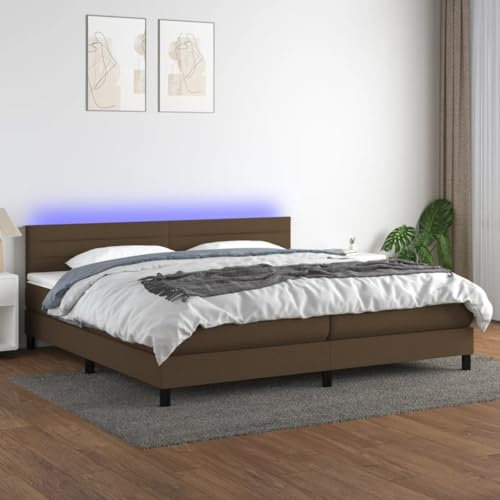 Boxspringbett mit Matratze & LED,Bettgestell mit Kopfteil,Plattform-Bettgestell,Lattenrost,mit Scheren-Symbol – Sicheres Zuschneiden,für Schlafzimmer, Arbeitszimm Dunkelbraun 200x200 cm Stoff
