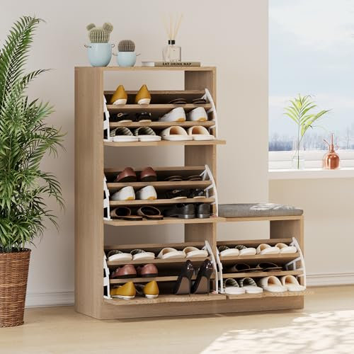 Jovify Schuhkipper Schuhablage mit 4 Klappen, Flurschrank Schuhschrank Sitzkommode mit Sitzbank und weichen Sitzkissen, Schuhbank mit Sitzfläche, Natur, BHT ca.: 107x35x119cm