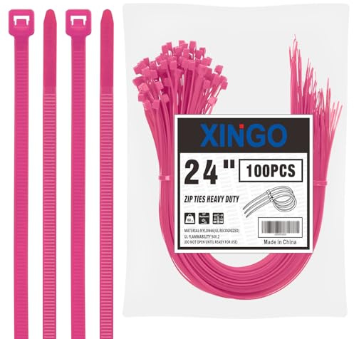 XINGO 24 inch Pink Zip Ties Heavy Duty (100 Pack), 60lb Tensile Strength, UV Resistant Cable Ties for indoor and outdoor use