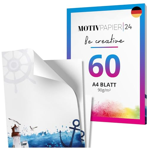 60 Blatt Leuchtturm Briefpapier Maritim Set beidseitig bedruckt Motivpapier Papier A4 Druckerpapier 90g/m²