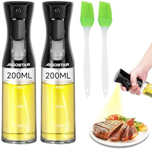 Aigostar Ölsprüher für Speiseöl 2 Stück, mit Skala Öl Sprühflasche Glas für Heißluftfritteuse, 200 ml Oliven Oil Sprayer, 2 Silikon-Zubehör, Ölflaschen für Airfryer,Backen in der Küche,Salat,Grillen
