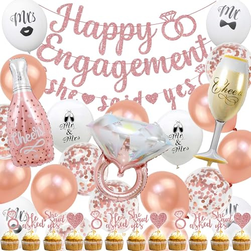 Rose Gold Engagement Party Decorations - 37 PC Glitter Engagement Set | 37Pcs Glitter Happy Engagement She Said Yes Banners Diamond Ring Wine Glass Bottle Foil Balloons Cupcake