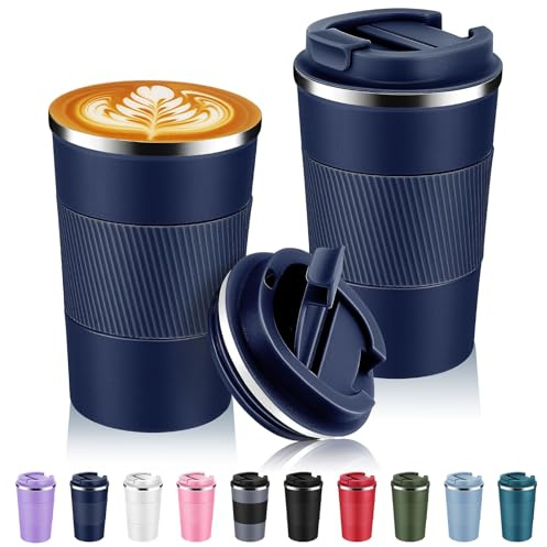 Volhoply Resekaffemugg, rostfritt stål, isolerad, flip-lock, återanvändbar, dubbelvägg, vakuum, kaffekopp, bärbar, läckagesäker, tumlare, varm och kall dryck, 385 ml (13 uns), marinblå, 2-pack
