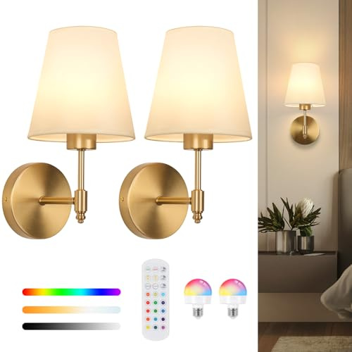 Battery Operated Wall Lights,Rechargeable Wall Lights with 5000mAh Dimmable Detachable Charging Bulbs and Remote,3 Color Temperature Wireless Wall Light for Living Room Bedroom Hallway(2 Pack)