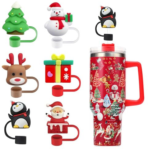 Skeadex 6 Stück Weihnachten Strohhalm Abdeckungen für Stanley, 10 mm Silikon Strohhalm Zubehör, Weihnachten Schneemann Elch Abdeckkappe für 40oz Stanley Cup Zubehör (A)