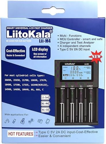 LiitoKala LII-M4 Chargeur de batterie universel à 4 baies 18650 avec écran LCD, charge rapide, pour piles 3,7 V 26650 18650 18350 20650 14500 18500 1,2 V AA AAA C SC