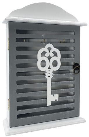 PALUPLUS Cassetta Portachiavi in legno con Anta Traforata, misura 19x6x28 cm, Pensile con portachiavi da parete, Scatola Organizer per chiavi -1804C (Grigio)