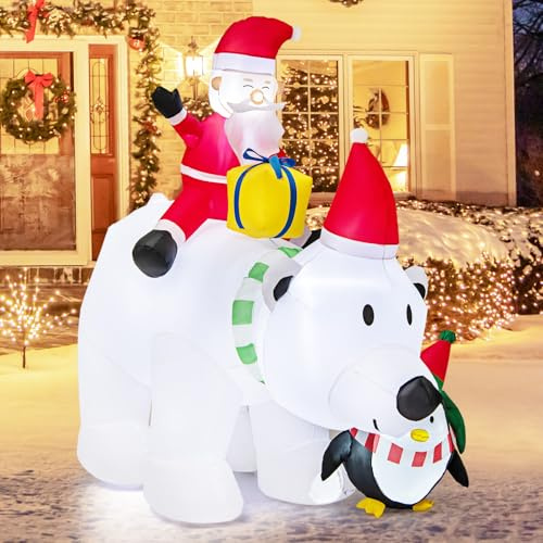 GOPLUS 210 CM Papá Noel sobre Oso Polar Inflable con Caja, Pingüino, Decoracion de Navidad Exterior Hinchable con Luz LED y Cabeza Agitada, Bolsas de Agua y Estacas, Adornos Navidad Grande
