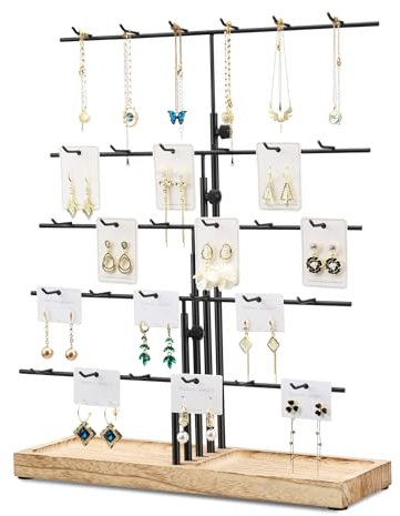 BS-VOG Earring Display Stand for Selling, 30 Hooks Adjustable Height Jewellery Stand for Earring Card, Jewelry Organiser with Tray for Necklace, Bracelet