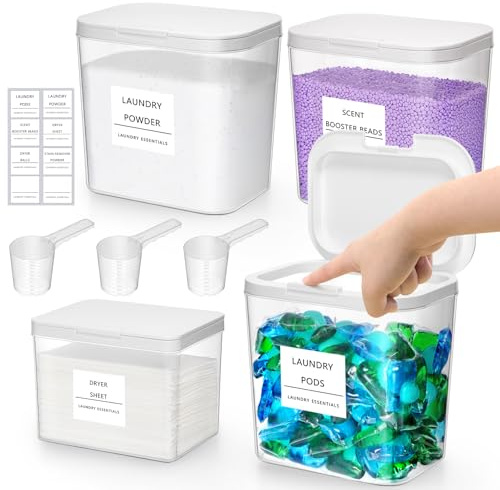 Lifewit 4 Pack Laundry Pods Container with Labels, Scoops and Pop-up Lid, Detergent/Powder/Capsule/Pot/Washing Tablets Storage Holder for Laundry, Bathroom, Kitchen Organisation,0.5+0.72gal