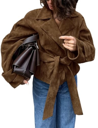 THLAI Womens Faux Suede Retro Jacket Long Sleeve Collar Moto Y2k Coat Outwear