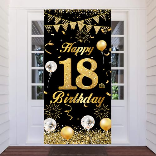 18. Geburtstag Banner Schwarz Gold, 18 Jahr Geburtstag Deko Tür Hintergrund für Junge Mädchen, Großer Stoff 18 Geburtstag Party Dekoration Türbanner für Tisch Wand Dekoration, 180 x 90cm