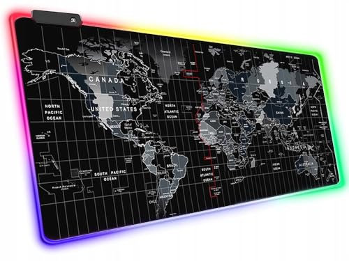Alfombrilla de Ratón Gaming XXL Mapa Mundi - Iluminación LED - Antideslizante, impermeable y con 4 modos de iluminación - Complemento Ideal para su Ratón, Teclado, Portátil, Escritorio - 800X300 mm.