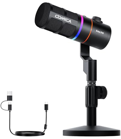 COMICA EJoy D10(D) Micrófono de juego USB - Micrófono dinámico RGB con cancelación de ruido, XLR/USB-C, monitoreo en tiempo real, silencio, micrófono de estudio profesional para juegos