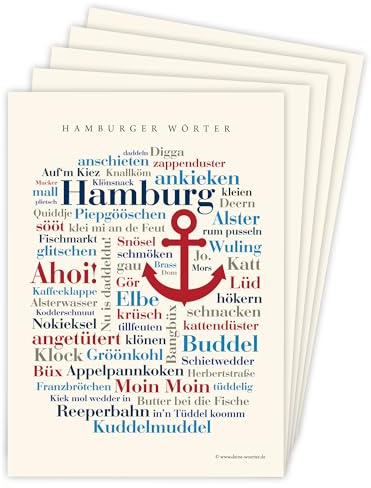 Deine Wörter Postkartenset - 5 Postkarten mit Hamburger Dialekt, einzigartiges Souvenir und kreative Geschenkidee - DIN A6