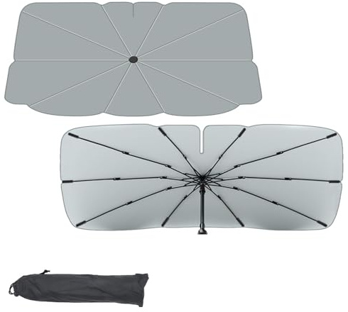 BORISCA Pieghevole Ombrello Parasole Auto Parabrezza, 142 * 77cm Parasole Auto Parabrezza Interno, Protezione UV Ombrello per Auto con Strumenti per Rottura Finestre, Isolamento Termico(Grigio)