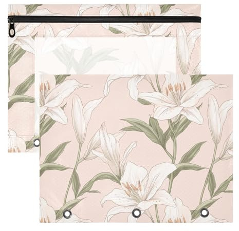 Lot de 2 trousses à crayons avec fermeture éclair et 3 trous pour classeur à 3 anneaux Motif fleurs de lys Blanc